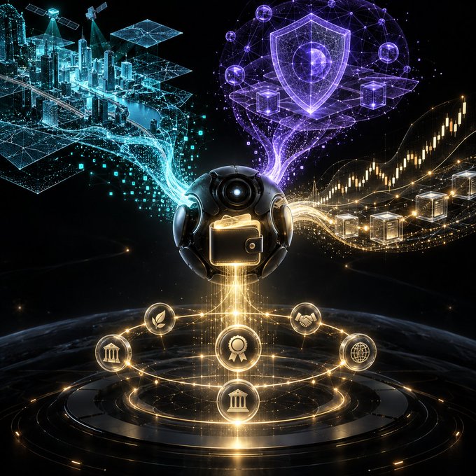 A digital artwork featuring a central spherical device emitting glowing streams of data toward a futuristic city, a security shield, financial charts, and various glowing icons.