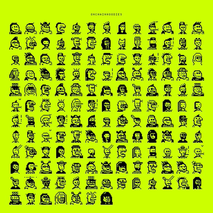 A grid of various black pixel-art character portraits on a bright yellow-green background, labeled 'ONCHAINHOODIES' at the top.