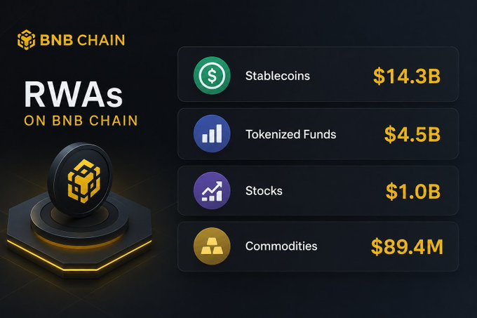 The image displays "RWAs ON BNB CHAIN" statistics, showing Stablecoins at $14.3B, Tokenized Funds at $4.5B, Stocks at $1.0B, and Commodities at $89.4M, with the BNB Chain logo prominently featured. This visual breakdown directly supports the post's message that while stablecoins dominate BNB Chain's real-world assets, tokenized funds and stocks are expanding the ecosystem beyond simple payments.
