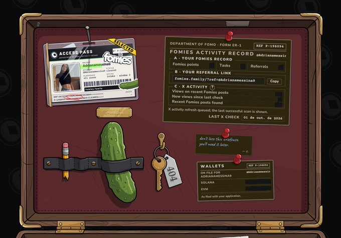 A pixel art illustration showing an open suitcase containing an ID card, a pickaxe, a belt with a cactus and pencil, a 404 key, and documents labeled 'FOMIES ACTIVITY RECORD' and 'WALLETS ON FILE FOR ADRIANAMESSINA9'.