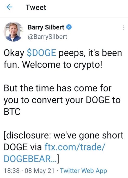 A Twitter account from Barry Silbert welcomes followers to the $1.00 Dogecoin token, with a link to the DOGE via @fxcom/Trade and a message about a recent transaction.