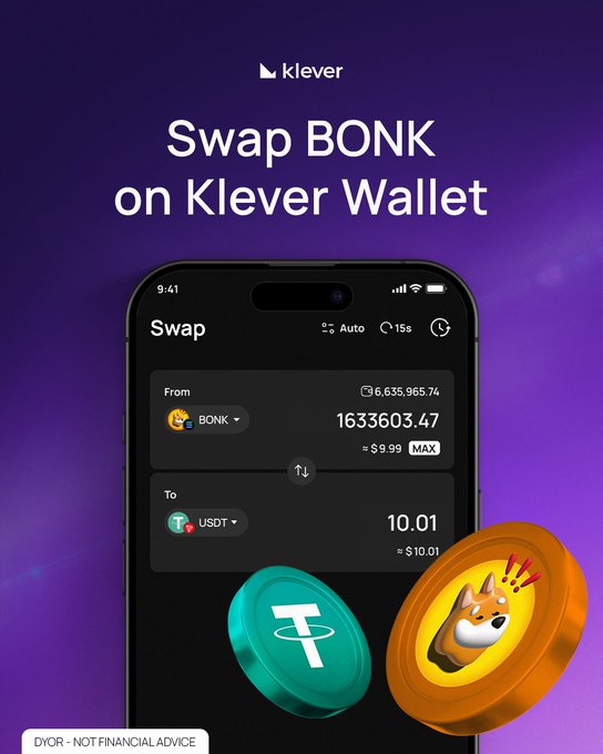 The image shows an advertisement for a cryptocurrency wallet, specifically for a cryptocurrency called Tether. The advertisement features a cell phone with a wallet app open that displays information about swapping $BONK onto the Tether coin. The text on the screen reads "SWAP BONK ON KLEVER WALLET", indicating that users can directly transfer their Bitcoin to the Tether coin using the provided app.