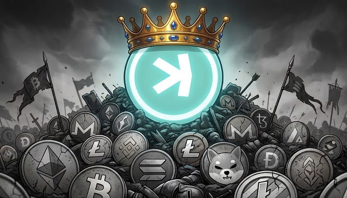 Digital artwork featuring a glowing teal cryptocurrency coin wearing a golden crown, surrounded by a pile of various crypto coins including Bitcoin, Monero, Ethereum, Litecoin, Dogecoin, and Solana tokens under a dark, cloudy sky.