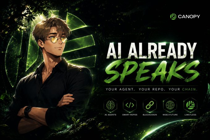The image features a man wearing glasses, standing against a dark background with a green logo that reads "AI ALREADY SPEAKS" above him. The text below his head reads "Your agent, your repo, your chain". This suggests that the image is related to the crypto industry and possibly discussing the importance of AI in the development of smart contracts or blockchain technology.
