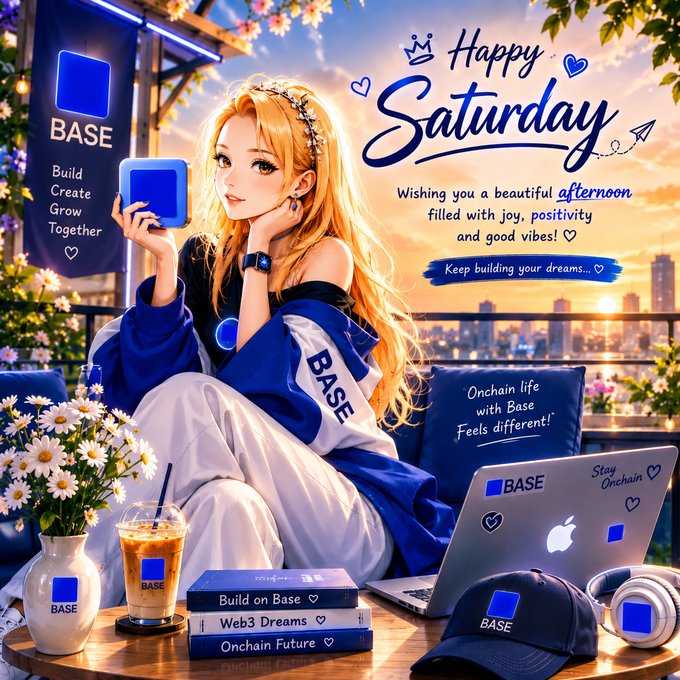 An anime-style promotional image for 'BASE' cryptocurrency with a 'Happy Saturday' message, featuring a blonde female character on a rooftop with BASE-branded merchandise and text 'Build Create Grow Together' and 'Onchain life with Base Feels different!'.