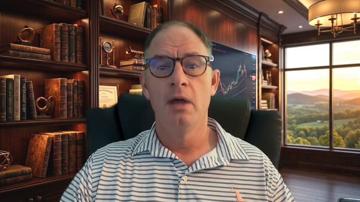 The image shows a man wearing glasses sitting at a desk with a window behind him, overlooking a mountain range. He appears to be giving a presentation or speech, as indicated by his facial expression. The background features bookshelves filled with various books, suggesting that he might be in an office setting or a library. The post also provides information about Ripple coins and their relationship to the stock market, which is relevant to the man's topic of discussion.