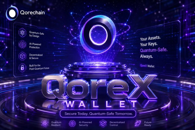 Promotional graphic for Qorechain's QoreX Wallet, featuring a futuristic purple and blue cosmic design with the Q logo and taglines including 'Quantum-Safe by Design', 'AI-Powered Protection', 'Decentralized & Secure', 'Built for the Post-Quantum Future', 'Your Assets. Your Keys. Quantum-Safe. Always.', and 'Secure Today. Quantum-Safe Tomorrow.'
