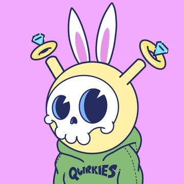A cartoon character design of a skull with bunny ears wearing a green hoodie that says 'QUIRKIES', with diamond ring accessories floating on either side.