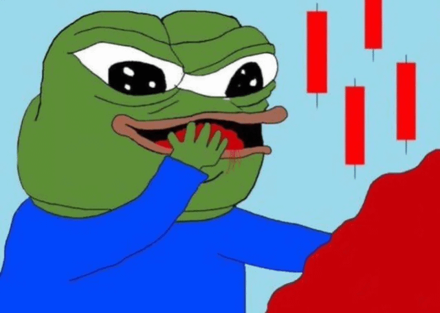 The image features a cartoon frog with green skin, wearing blue clothes, and holding a red object in its mouth. The frog appears to be eating something out of a bowl, possibly dipping it into a sauce or dip. The background shows a blue sky filled with red lines, which could represent stock market trends. The caption suggests that the image is related to the current state of the economy, as indicated by the presence of the stock market trends and the frog's action of eating something out of a bowl.