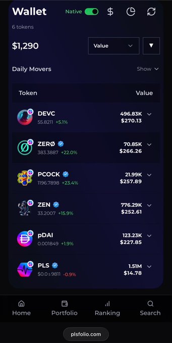 A mobile screenshot of a crypto portfolio wallet showing $1,290 total value across tokens DEVC, ZERO, PCOCK, ZEN, pDAI, and PLS on plsfolio.com.