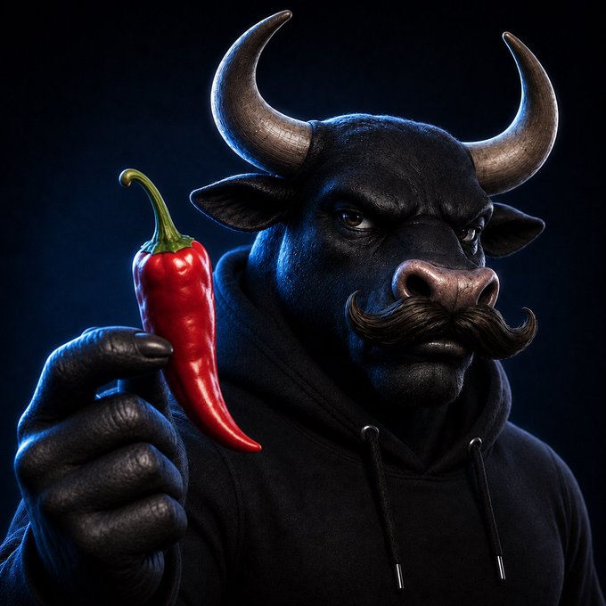 A 3D rendering of a black bull character with large horns and a mustache, wearing a black hoodie and holding a red chili pepper.