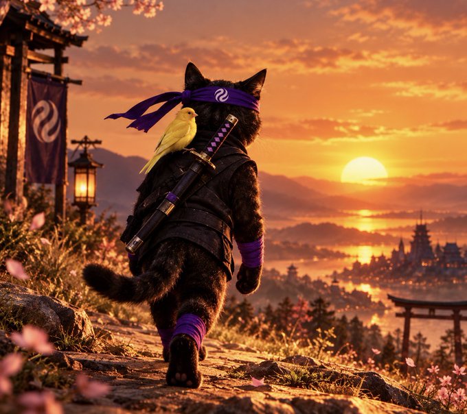 An anime-style illustration of a black cat dressed as a samurai with a sword and a small yellow bird on its shoulder, walking toward a sunset over a Japanese landscape.