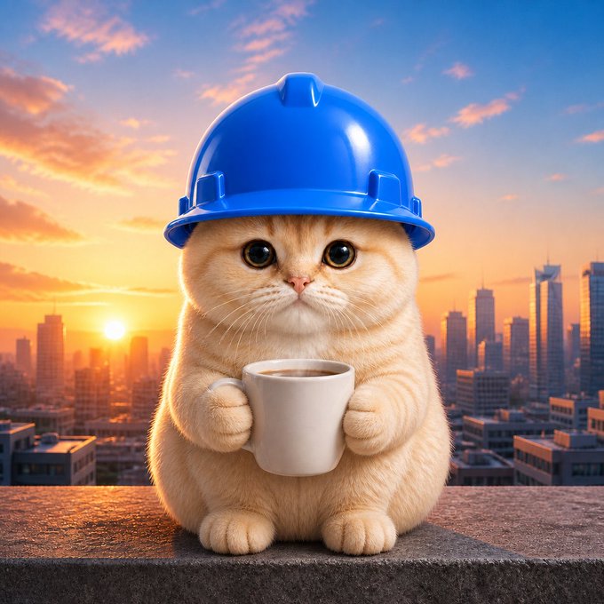 An adorable fluffy orange cat wearing a blue construction hard hat holds a white mug, set against a city skyline at sunset.