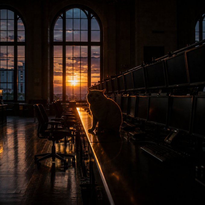 A white cat sits silhouetted on a desk lined with computer monitors in a large office, with a dramatic sunset visible through tall arched windows.