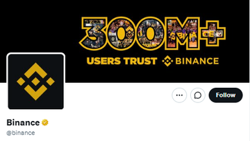 A Binance social media post banner celebrating '300M+ USERS TRUST BINANCE' with the company's yellow diamond logo and a follow button.