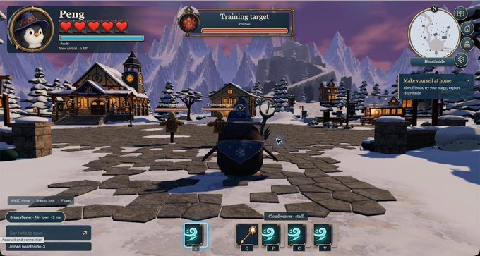 A video game screenshot showing a character named 'Peng' with hearts in a snowy village environment called 'Hearthade', with a training target interface and skill bar visible at the bottom of the screen.