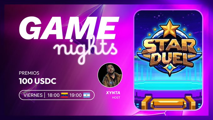 The image features a poster for a video game called "StarDuel". The poster has a purple background with white text, which reads "Game Nights" at the top and "100 USDC EN PREMIOS" below it. A man is shown in front of a blue and gold star on the poster, suggesting that he might be the host or an important player in the game. The poster also includes a link to the game's website for more information about the event.