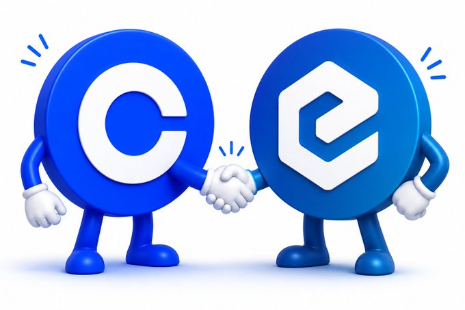 Two anthropomorphized blue coin mascots—one displaying a "C" logo and the other a stylized "e" symbol—shake hands while wearing white gloves, symbolizing a partnership between Coinbase (represented by the "C") and eCash (represented by the "e" logo) to advocate for $XEC listing and improved user experience in cryptocurrency.