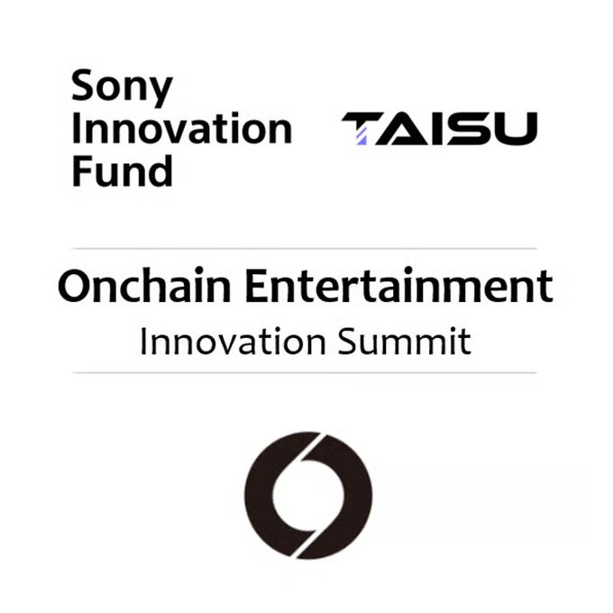 A promotional graphic for the "Sony Innovation Fund × TAISU Onchain Entertainment Innovation Summit," featuring the Sony Innovation Fund and TAISU logos at the top, the event title in bold text in the center, and the distinctive circular Soneium logo at the bottom, representing the largest IP and entertainment gathering in Singapore during Token2049 week that connects founders, corporate executives, and top VCs.