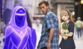 The image features a man dressed in blue holding a baby while walking through a crowded street, with another person wearing a mask standing behind him. The scene also includes several other people walking around them, possibly going about their day as well. There is some text that reads "we really thought Ai agents on base were the future - from ATH . . . 100% down from ATH !" and "not all".