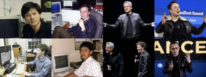 A collage featuring tech entrepreneurs, showing before-and-after style comparisons of young programmers at computers and successful figures including Jensen Huang (NVIDIA) and Elon Musk.