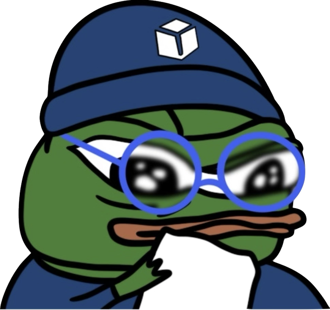 A Pepe the Frog meme character wears blue round glasses and a navy cap featuring a white cube logo, depicted in a thoughtful pose with finger to chin.