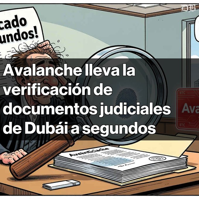 A Spanish-language news graphic with the headline 'Avalanche lleva la verificación de documentos judiciales de Dubái a segundos' over an illustration of a judge and blockchain-themed documents.