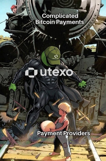 A comic-book style illustration showing a shadowy figure in a black coat and green 'Utexo' cap towering over a small child holding a bag, with text reading 'Complicated Bitcoin Payments', 'utexo', and 'Payment Providers'.
