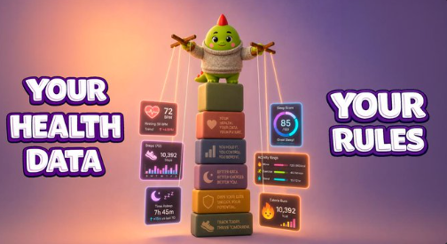 A 3D rendered graphic featuring a green character as a puppeteer controlling health data cards, with the text 'YOUR HEALTH DATA' and 'YOUR RULES'.