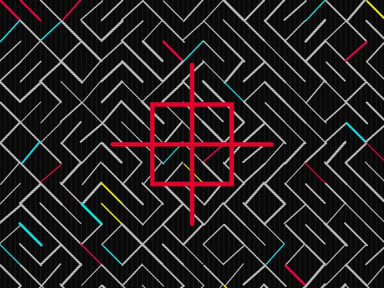 The image features a maze with a red square at its center, surrounded by numerous lines of different colors including black, white, blue, green, yellow, pink, orange, and purple. The maze appears complex and intricate, with various paths leading in different directions. The caption "Happy #TEZOSTUESDAY The Labyrinth Objective on objkt" is written below the image, indicating that this maze was created for a specific purpose or event related to the #TEZOSTUESDAY hashtag.