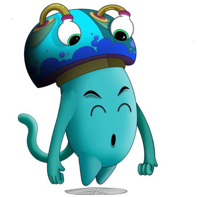 A cartoon illustration of a cute teal creature with closed smiling eyes, an open mouth, and a frog-like hat on its head.