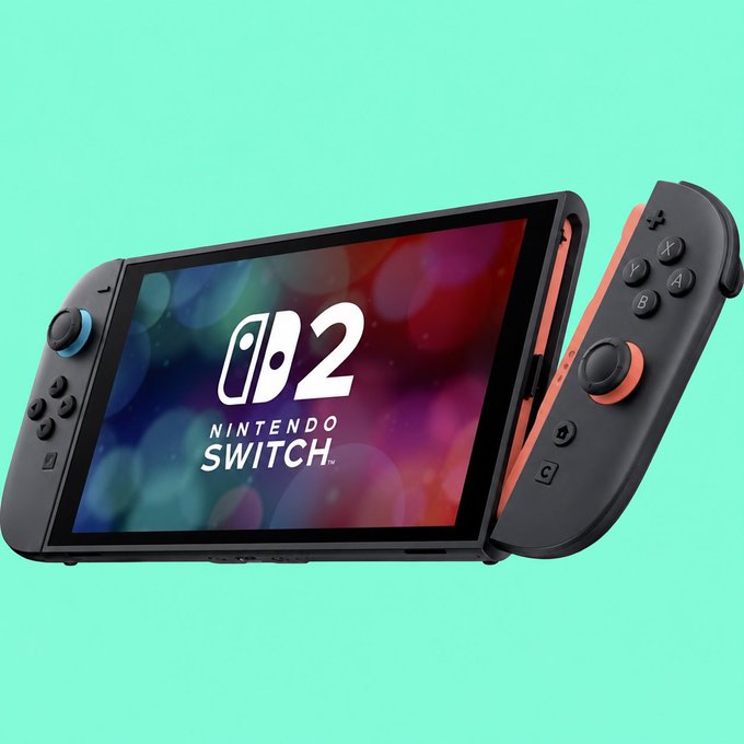 A Nintendo Switch 2 console displayed against a teal background, with the 'Nintendo Switch 2' logo on the screen.