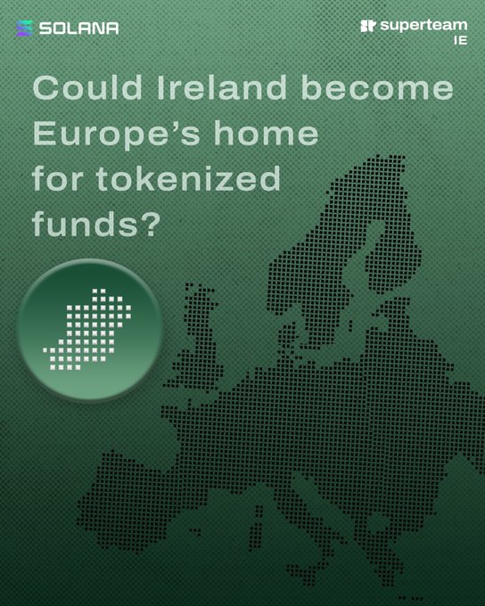 A Solana and Superteam IE promotional graphic with a green pixelated map of Europe highlights Ireland, asking 'Could Ireland become Europe's home for tokenized funds?'