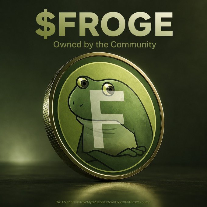 A promotional graphic for the cryptocurrency $FROGE with the tagline 'Owned by the Community,' featuring a green coin with a Pepe-style frog holding an 'F' on a dark green background.