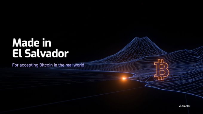 A digital graphic featuring a neon blue wireframe landscape with the text 'Made in El Salvador' and 'For accepting Bitcoin in the real world' alongside an orange Bitcoin logo and a 'tiankill' watermark.