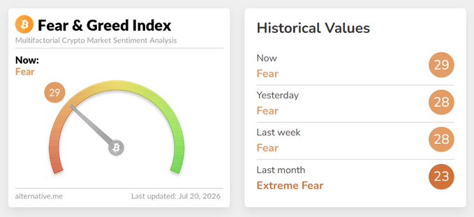 Crypto Fear & Greed Index showing a current value of 29 (Fear), with historical values: Yesterday 28, Last week 28, Last month 23 (Extreme Fear), dated Jul 20, 2026.