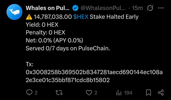 A screenshot of a tweet from 'Whales on Pulse' (@WhalesonPul...) stating '⚠️ 14,787,038.00 $HEX Stake Halted Early' with a yield and penalty of 0 HEX.