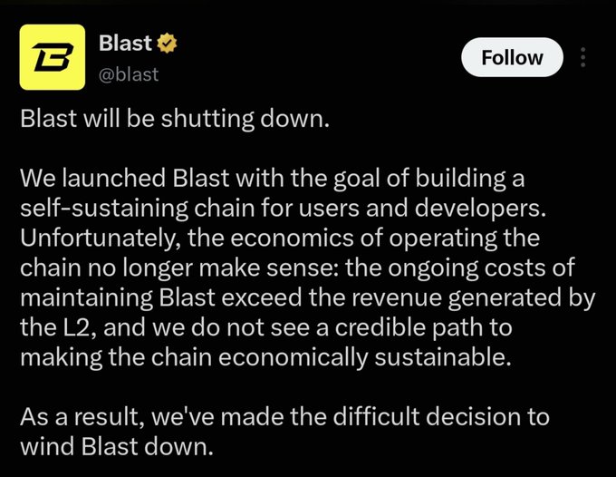 A tweet from 'Blast @blast' announcing that Blast will be shutting down due to economic unsustainability, stating ongoing costs exceed revenue.