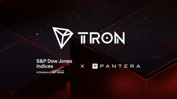 TRON logo with S&P Dow Jones Indices and PANTERA branding on a red and black background.