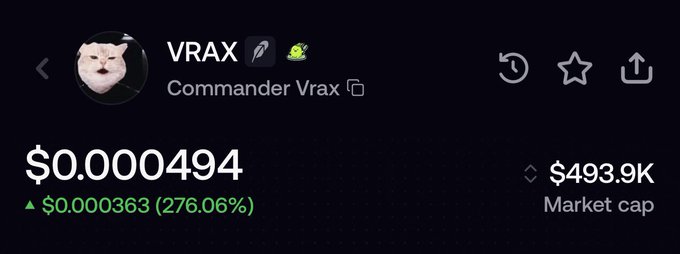 A cryptocurrency price tracker displaying 'VRAX' (Commander Vrax) at $0.000494, showing a 276.06% increase and a market cap of $493.9K.