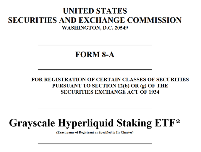 The image shows a document titled "Form 8-A" with the text "For registration of certain classes of securities Pursuant to section 120(8) or (9) of the Securities Exchange Act of 1934". The document also mentions that the SEC has received the Form from @Grayscale for $GHYP, which is an ETF. The post suggests that the SEC will be listing and trading the ETF within 1 to 4 days.