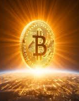 A golden Bitcoin coin radiating bright light from Earth's horizon symbolizes the cryptocurrency's growing influence, visually tying to the post about Bitcoin options traders positioning for upside ahead of the September FOMC meeting and key U.S. jobs data.
