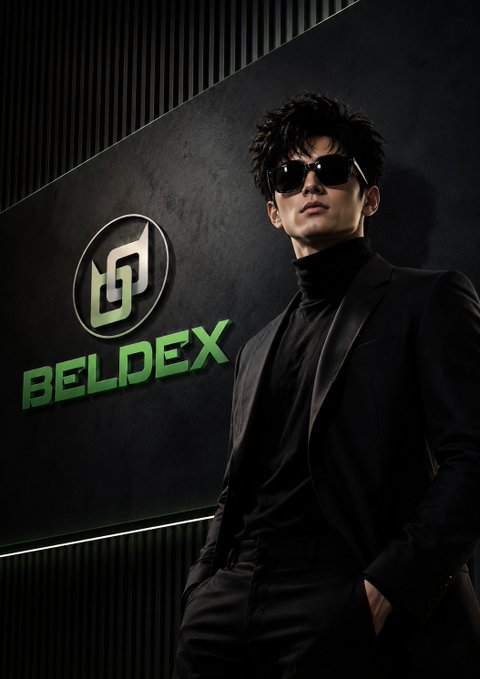 A stylish promotional image featuring a man in an all-black suit and sunglasses standing next to a green 'BELDEX' logo emblem.