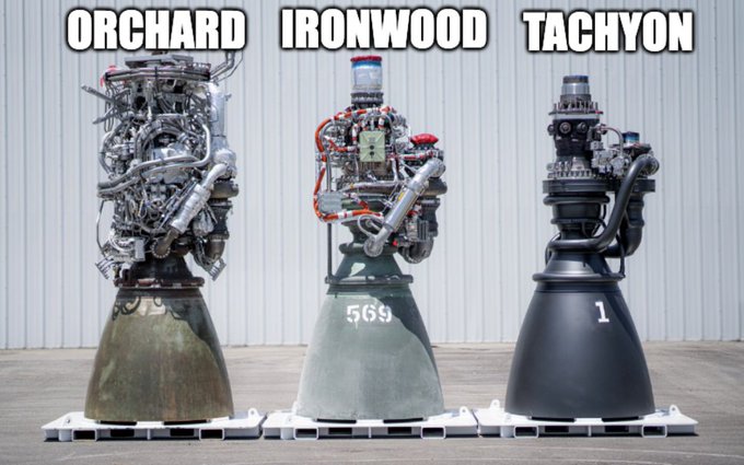 Three rocket engines labeled 'ORCHARD', 'IRONWOOD', and 'TACHYON' displayed side by side.