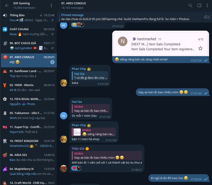A Telegram desktop chat screenshot of '07. ARES COM2US' (18,193 members), in Vietnamese, discussing gaming topics like joining a guild 'DIFGaming' in ViệtNamPro and selling items worth 11 million.
