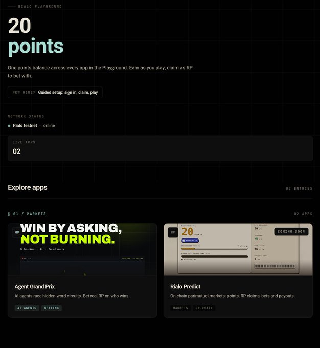 The Rialo Playground dashboard showing '20 points' balance, network status as online, and two apps: 'Agent Grand Prix' (AI agents racing hidden-word circuits) and 'Rialo Predict' (on-chain parimutuel markets).