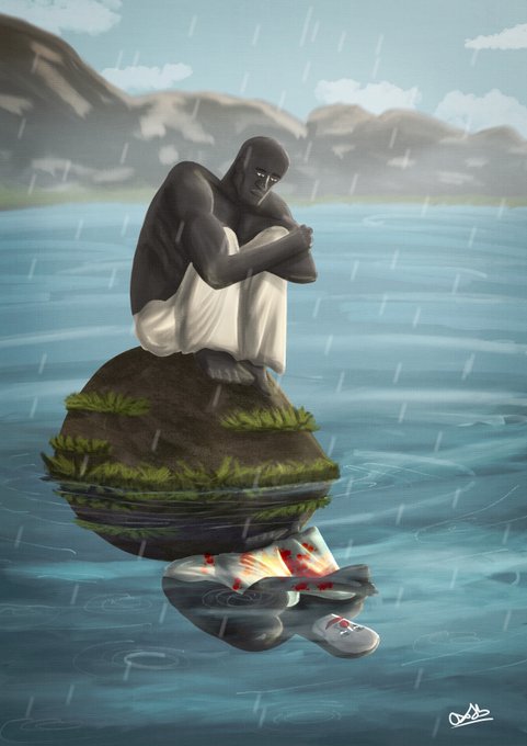 A digital painting of a dark, muscular humanoid figure sitting in a white toga on a small mossy rock in the rain, with a reflection of blood-stained sneakers appearing in the water below.