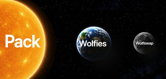 A meme-style image showing three celestial bodies in space—the Sun labeled "Pack," Earth labeled "Wolfies," and the Moon labeled "Wolfswap"—representing the trio of tokens with Pack as the dominant, massive sun overshadowing the smaller Wolfies and Wolfswap planets. This plays into the post's hype that "Pack" is heading "to the moon," with Sam Bankman-Fried's rumored support adding to the joke.