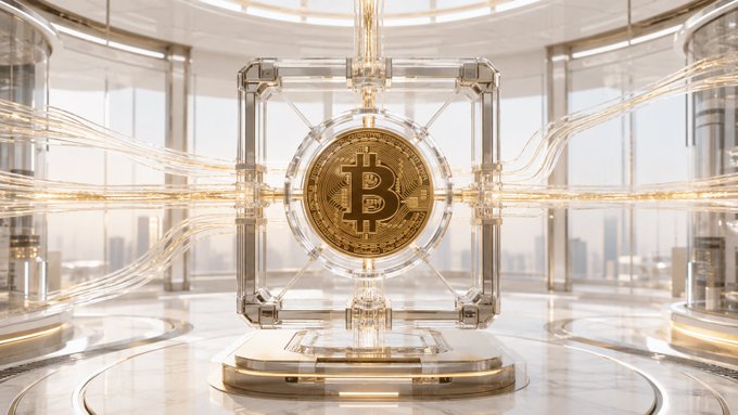 A golden Bitcoin coin encased in a clear cube sits at the center of a futuristic, bright circular structure with golden cables radiating outward against a cityscape backdrop.