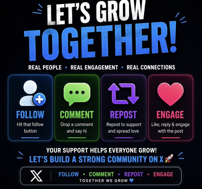 A colorful 'Let's Grow Together!' social media engagement graphic promoting Follow, Comment, Repost, and Engage actions on X (Twitter) to build community.